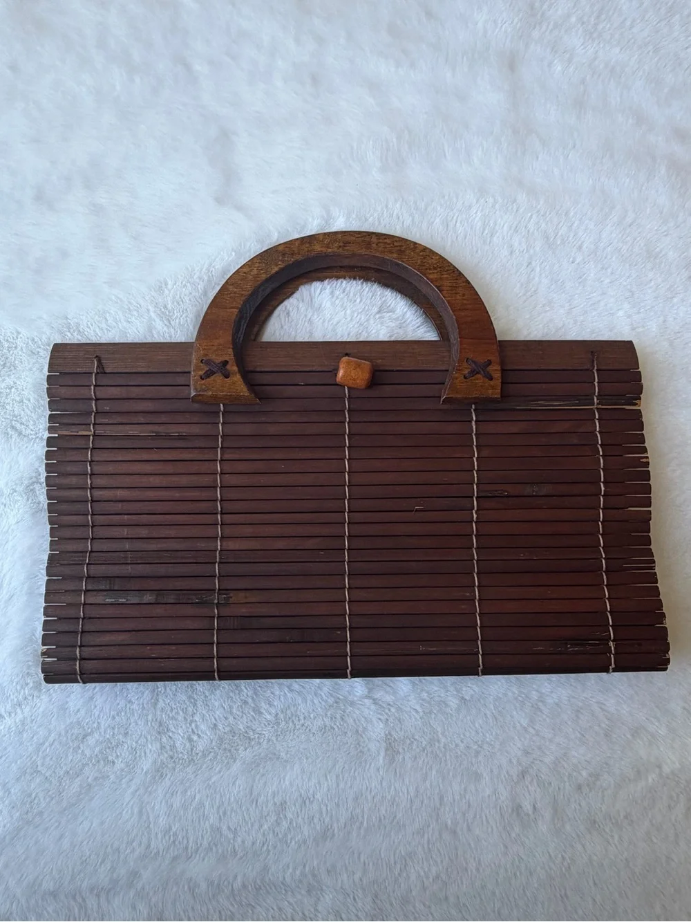 Vintage Handmade Bamboo Wooden Top Handle Boho Cottagecore Handbag